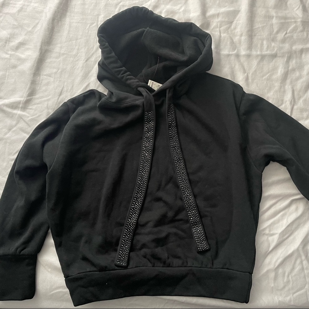 Express Hoodie Embellished Drawstring, Black, XS